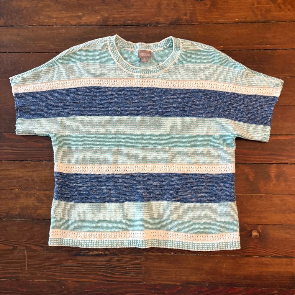 Chico's Striped Crochet Knit Top in Light Blue, Navy & White